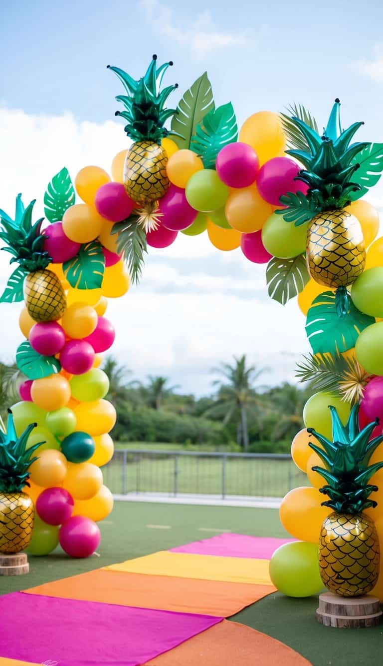 Colorful luau-themed archway with tropical balloons, shiny pineapple toppers, and green leaves on a festive striped carpet.
