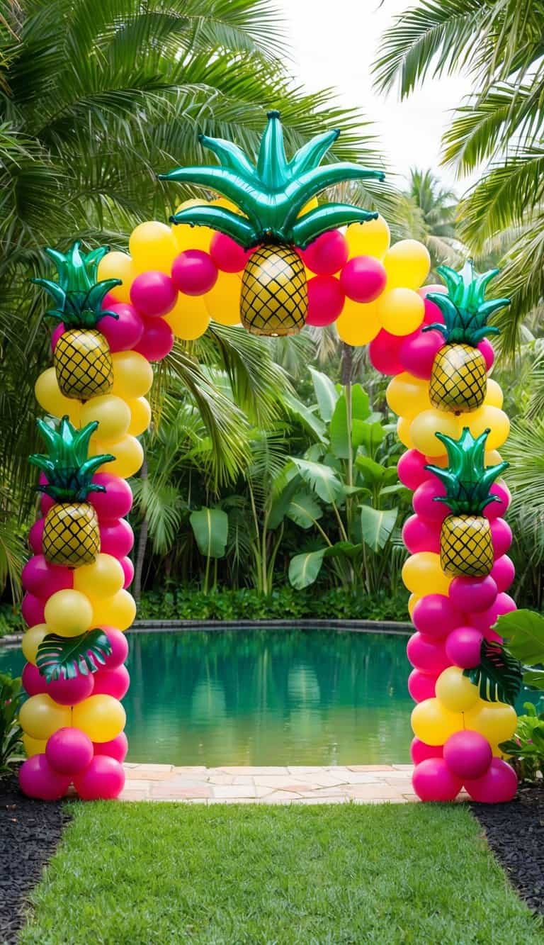 Pink and yellow luau balloon arch with pineapple toppers and tropical leaves set by a pool surrounded by greenery.