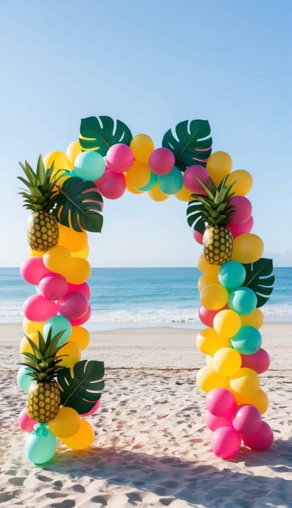 A colorful balloon arch decorated with pineapples and tropical leaves stands on a sandy beach with the ocean in the background.
