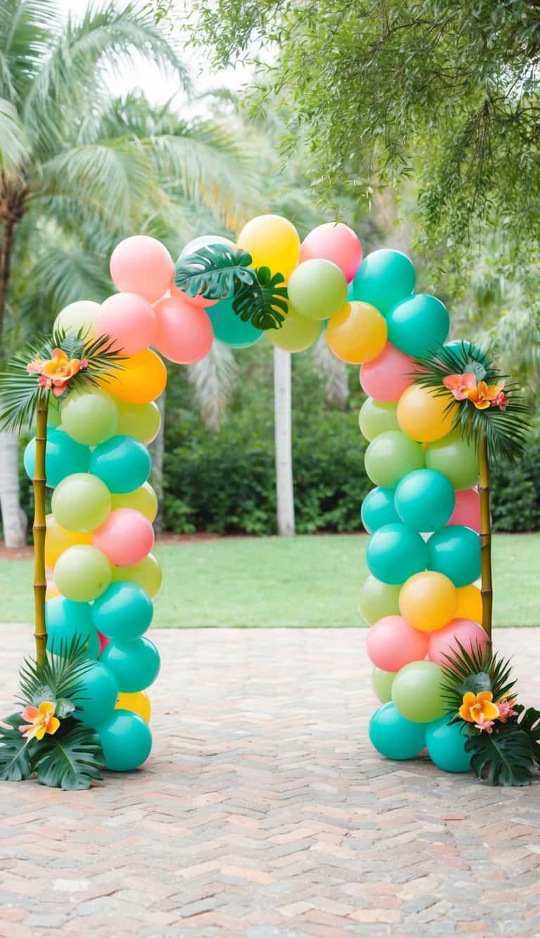 Garden luau balloon arch made with pastel balloons, bamboo framing, and tropical floral accents.