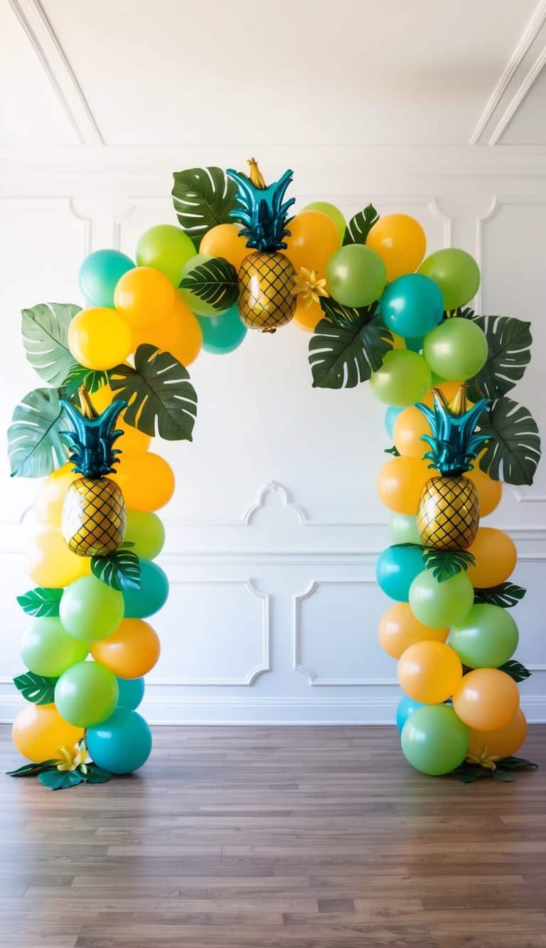 Indoor luau balloon arch with orange, teal, and green balloons, inflatable pineapples, and faux monstera leaves.