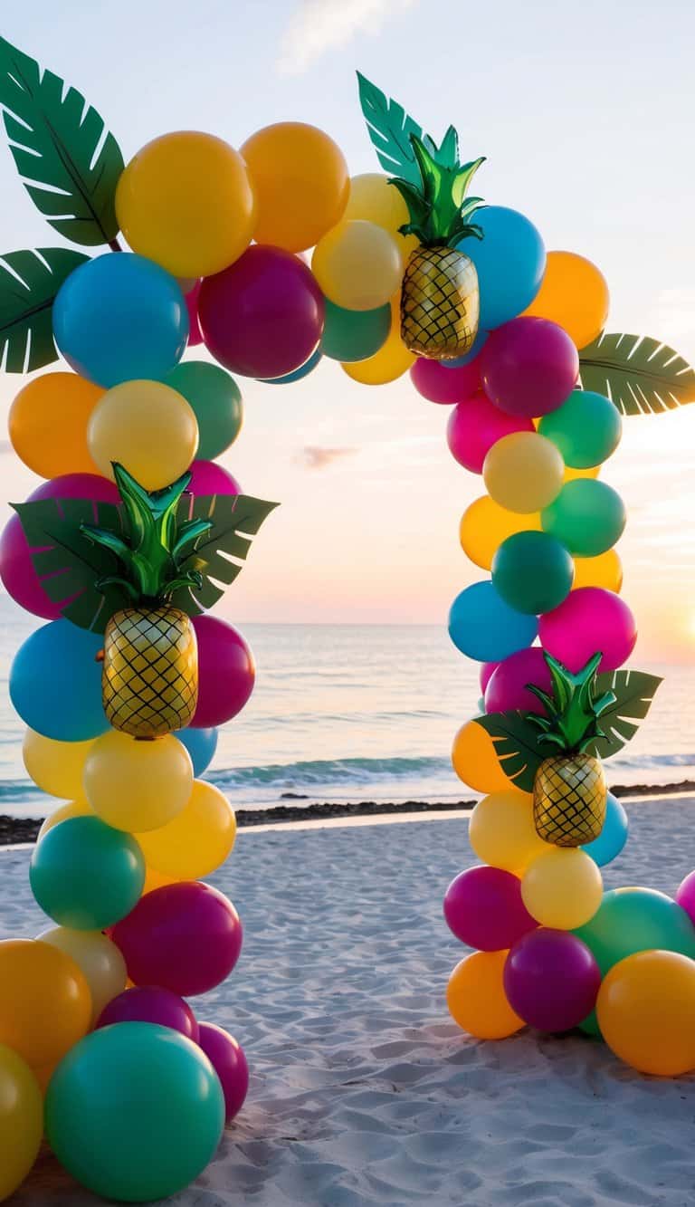 Bright luau-themed balloon arch with pink, teal, and yellow balloons and pineapple toppers at beachside.