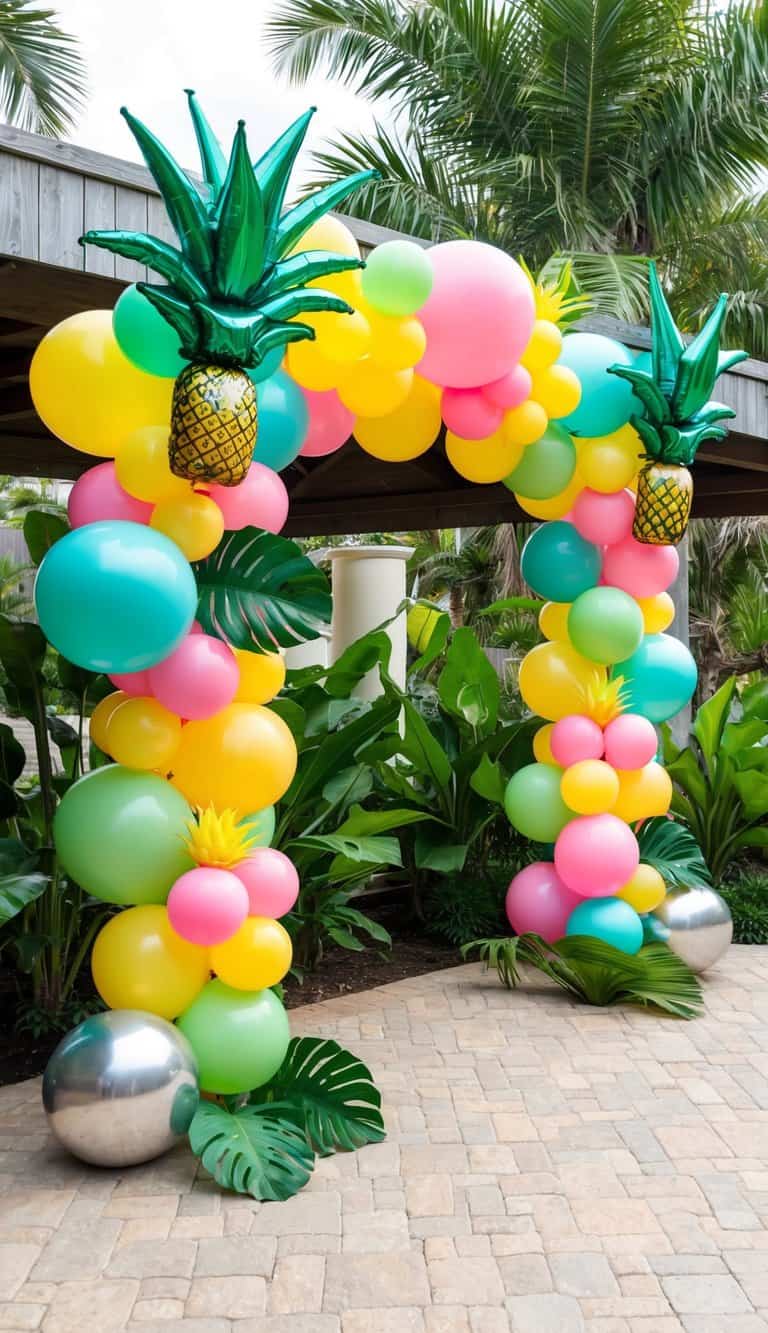 Balloon arch in retro pastel tones with tropical pineapples and monstera leaves for a luau-themed party.