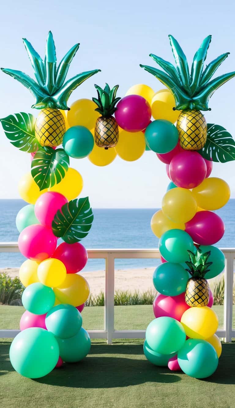 Bright luau balloon arch with green, yellow, and pink balloons, large inflatable pineapples, and tropical leaves by the beach.
