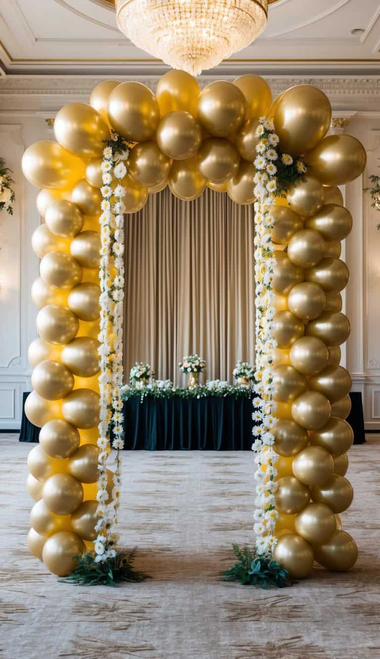 Square-shaped gold balloon arch with vertical white daisy strands and greenery accents, set in a formal indoor event space.