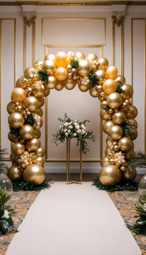 A gold balloon arch decorated with greenery stands in an elegant room with gold-trimmed walls, framing a floral arrangement on a tall stand.
