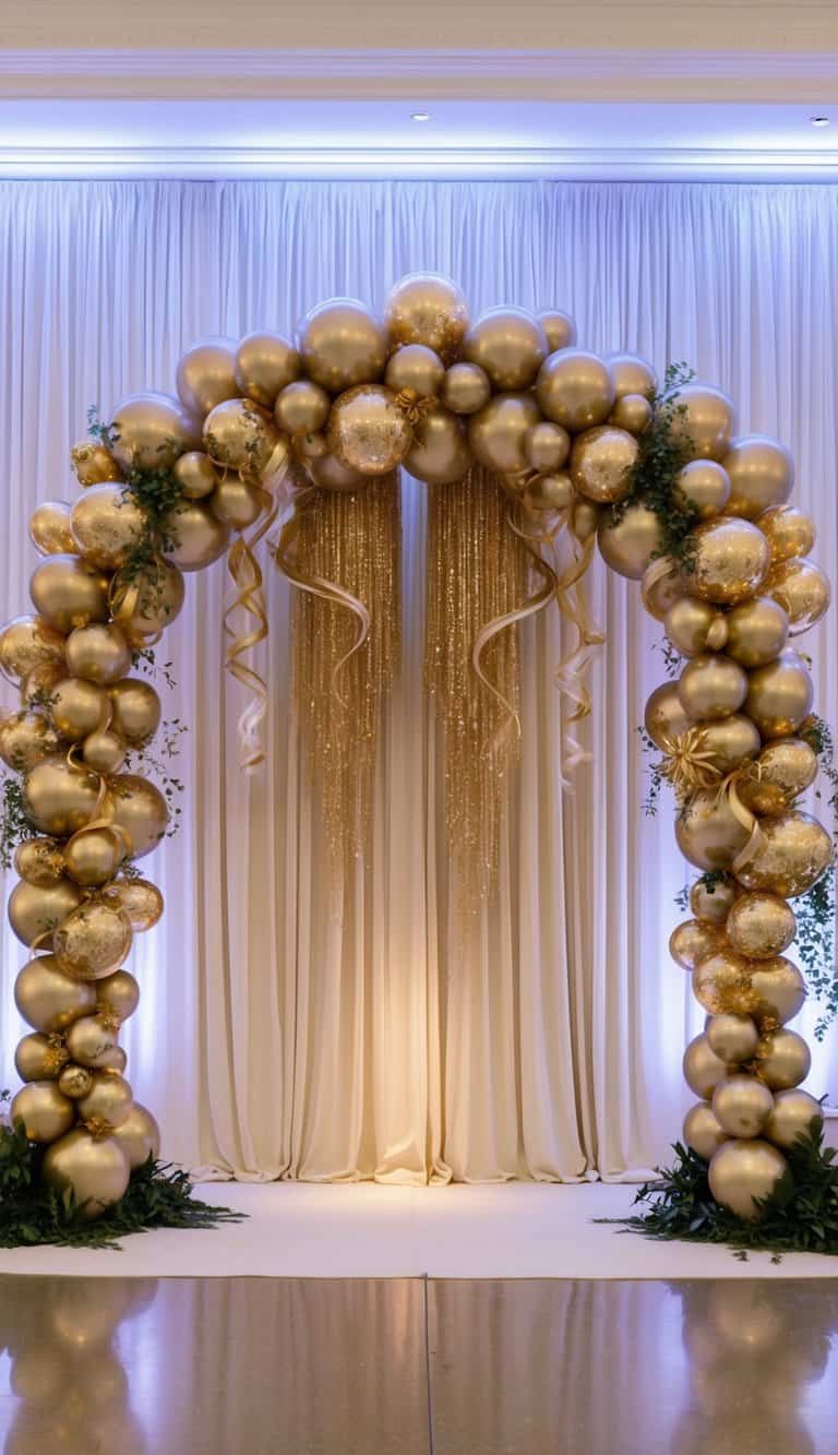 Gold balloon arch with tinsel drapes and ribbon curls, set against a soft pleated ivory curtain for a luxurious event.  