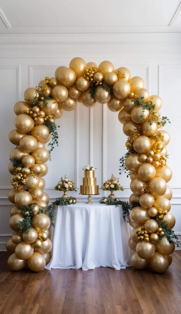 Sophisticated gold balloon arch decorated with gold florals and eucalyptus, showcasing a metallic cake on a formal white table.