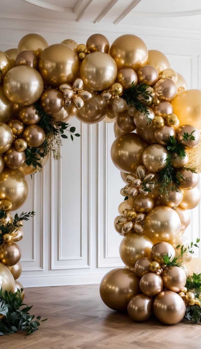 Glamorous gold balloon arch with layered finishes, floral balloon accents, and lush greenery details.