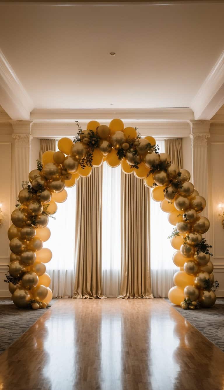  Classic gold balloon arch with greenery accents, styled in a traditional ballroom with floor-to-ceiling drapes.