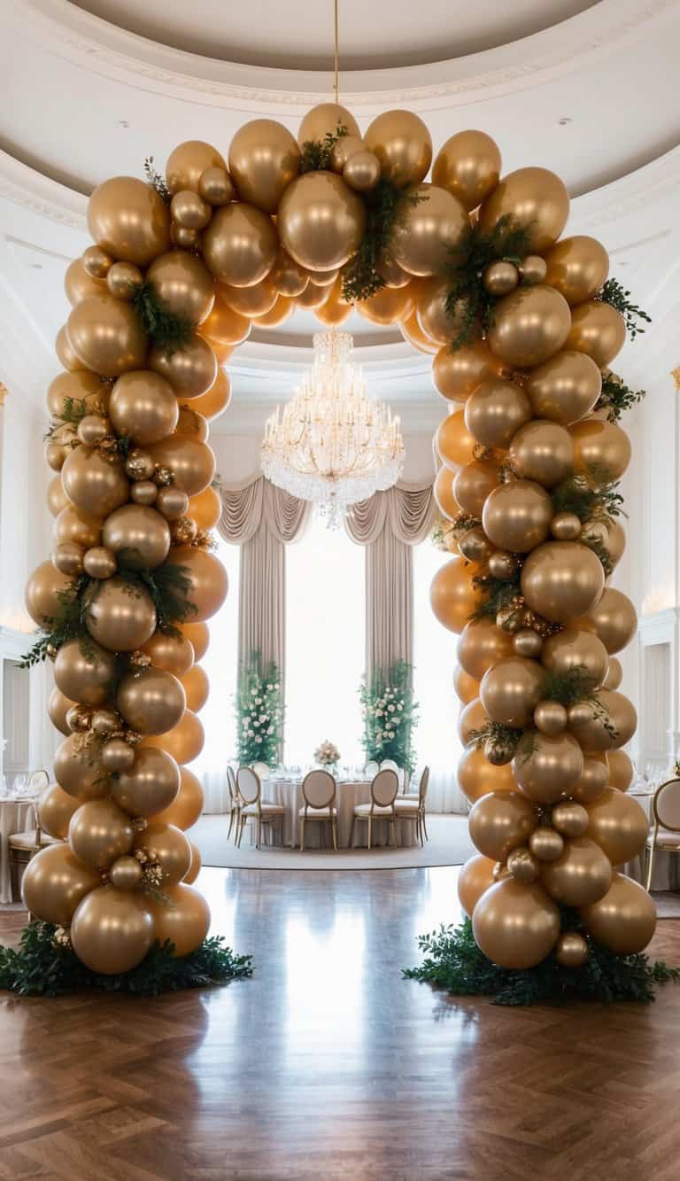 Tall satin-gold balloon arch with greenery and floral sprays in a grand ballroom with chandelier and round banquet tables.