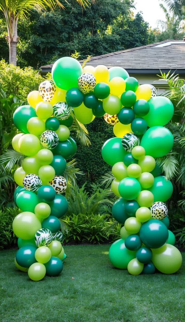Green balloon arch with mixed shades and animal print accents, styled outdoors for a jungle or safari-themed party.