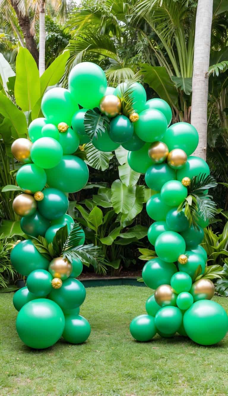 Minimalist green balloon arch with gold accents and palm leaves in a tropical outdoor setting.
