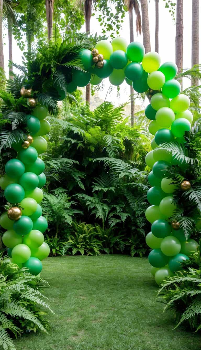 Tropical green balloon arch styled with various shades of green, gold balloons, and layered ferns against a forest backdrop.
