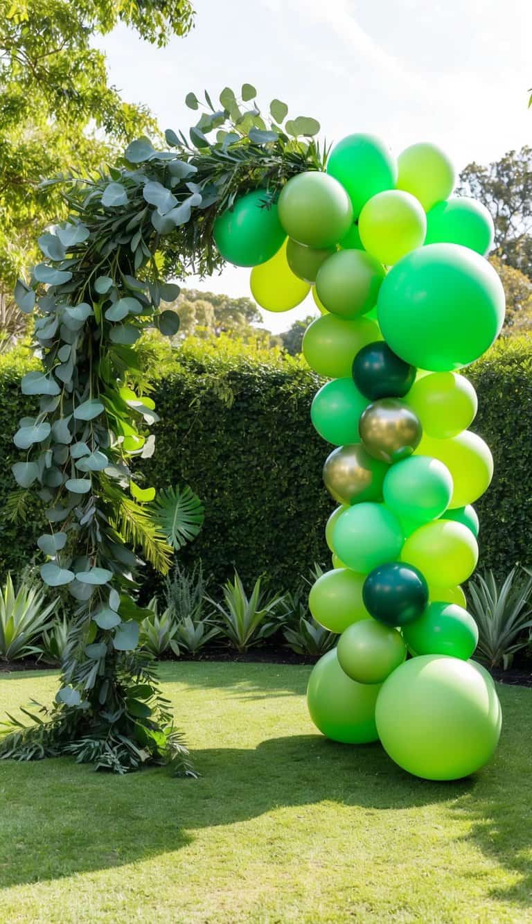 Green balloon arch featuring leafy greenery and layered green balloons in multiple tones, set in a vibrant garden backdrop.