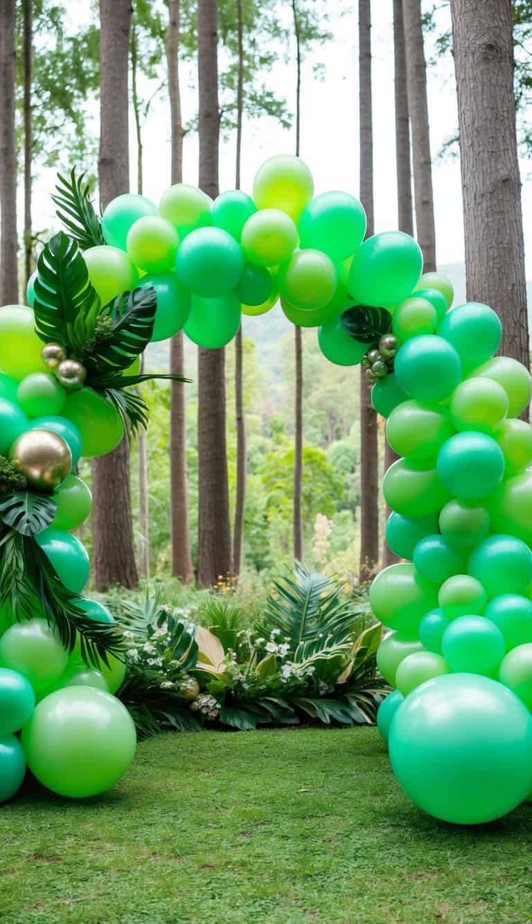Lush green balloon arch with layered tropical leaves and gold balloons placed in a woodland venue.