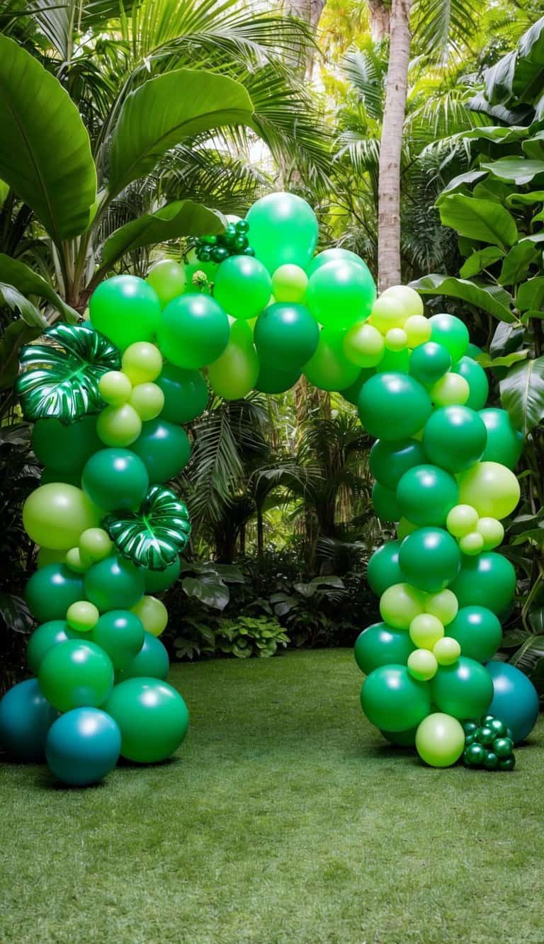 A decorative arch made of green balloons stands on a grassy area surrounded by lush tropical plants and trees.