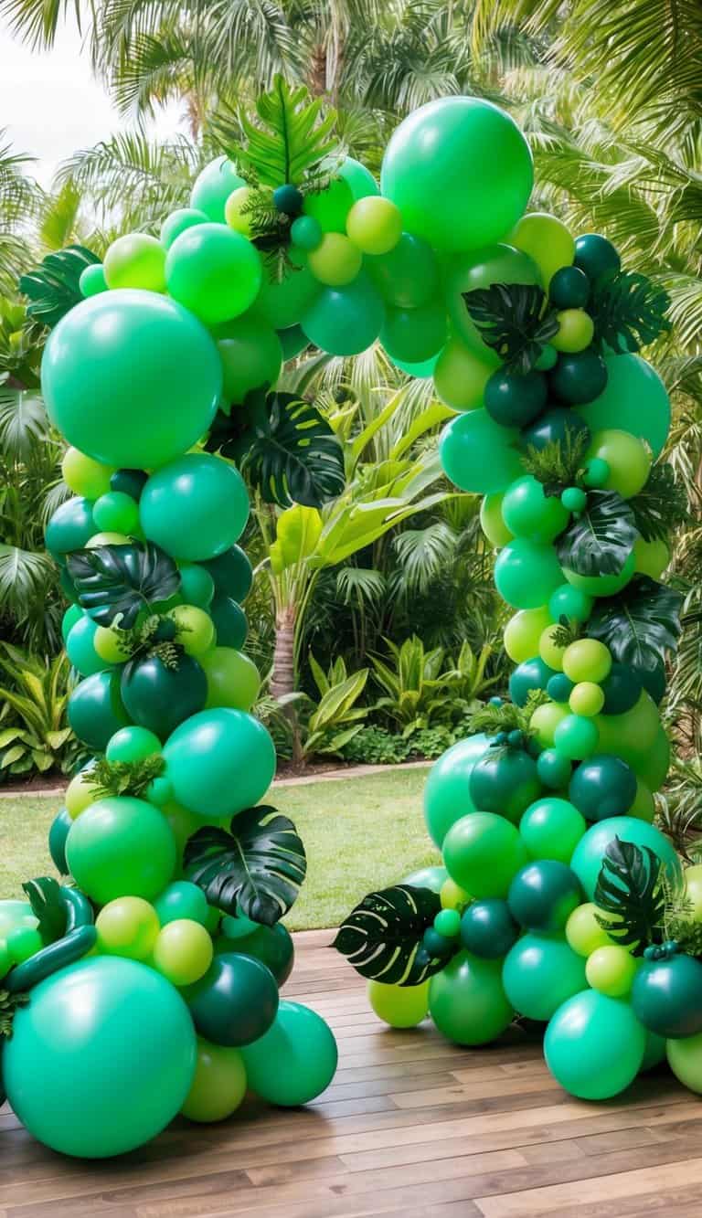 Lush green balloon arch with mixed shades and tropical leaves, placed in a sunny garden with palm trees in the background.