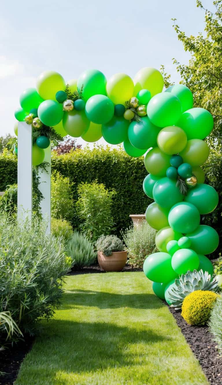 Balloon arch in light green tones with small faux berries, styled on a white structure in a lush backyard garden.