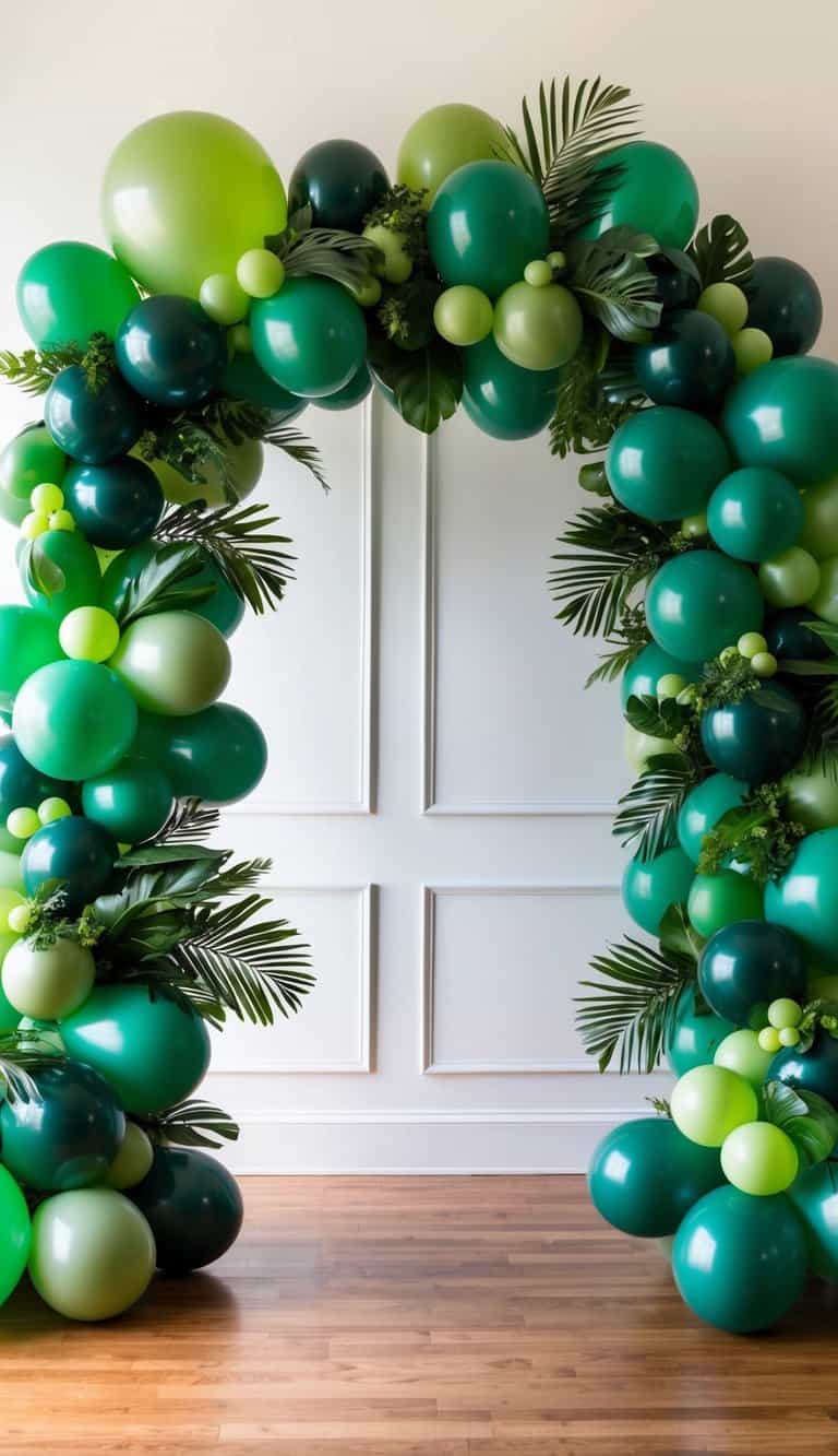 Balloon arch in layered green hues with large palm fronds and tropical leaves, styled in a bright white indoor space.