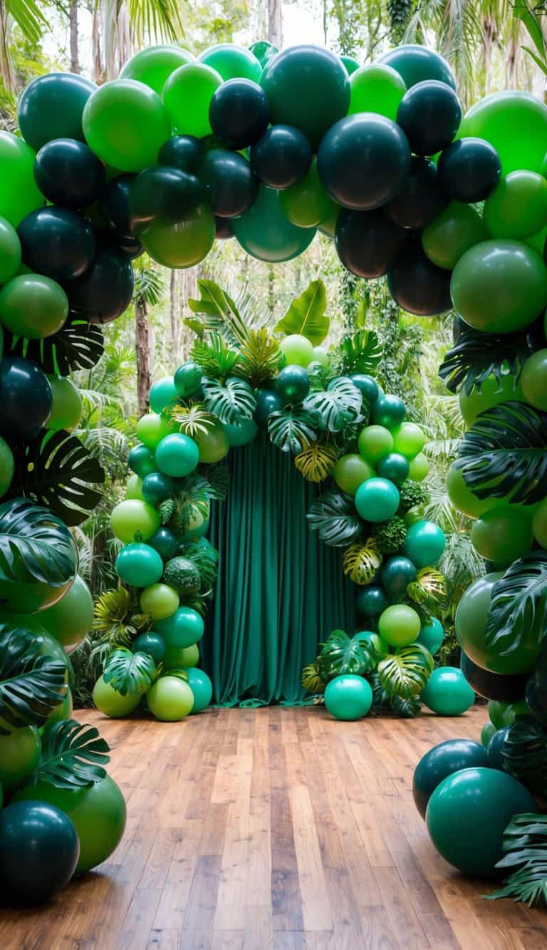 Tropical-themed green balloon arch with dark green shades and monstera leaves, set in a jungle-like wooden floor venue.