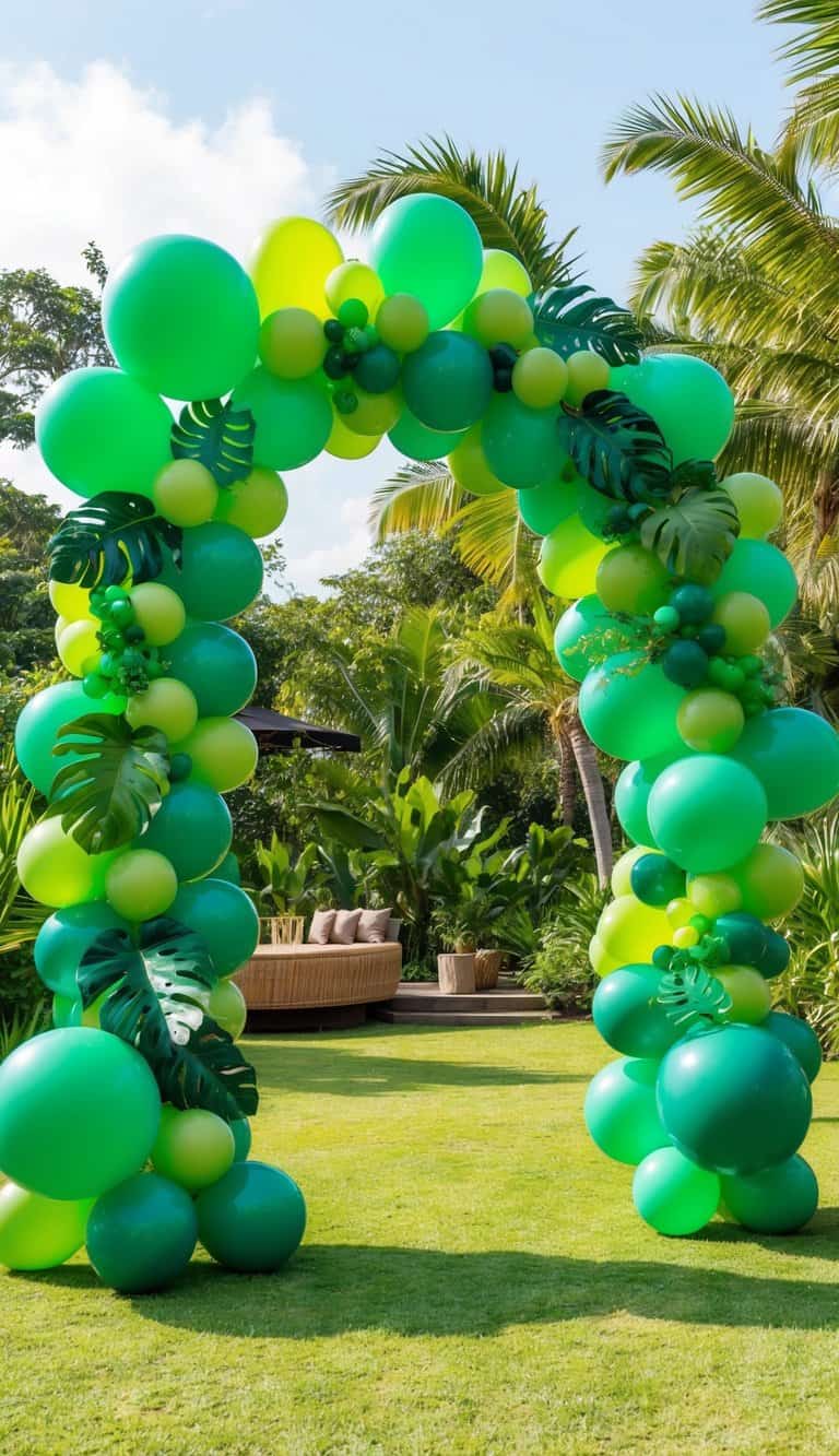 Balloon arch with bold green shades and tropical foliage, staged outdoors among palm trees and rattan furniture.