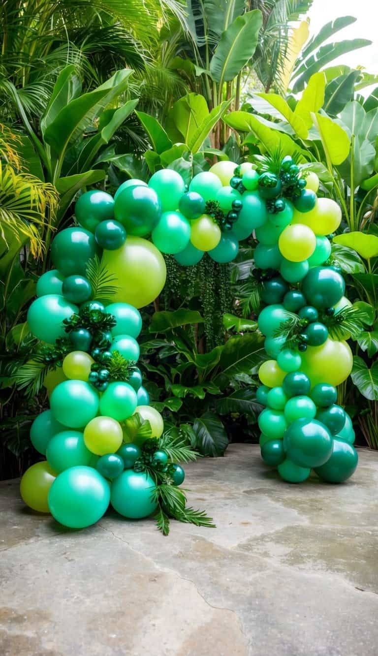 Balloon arch in mint, emerald, and lime tones decorated with tropical greenery, placed in a dense garden setting.