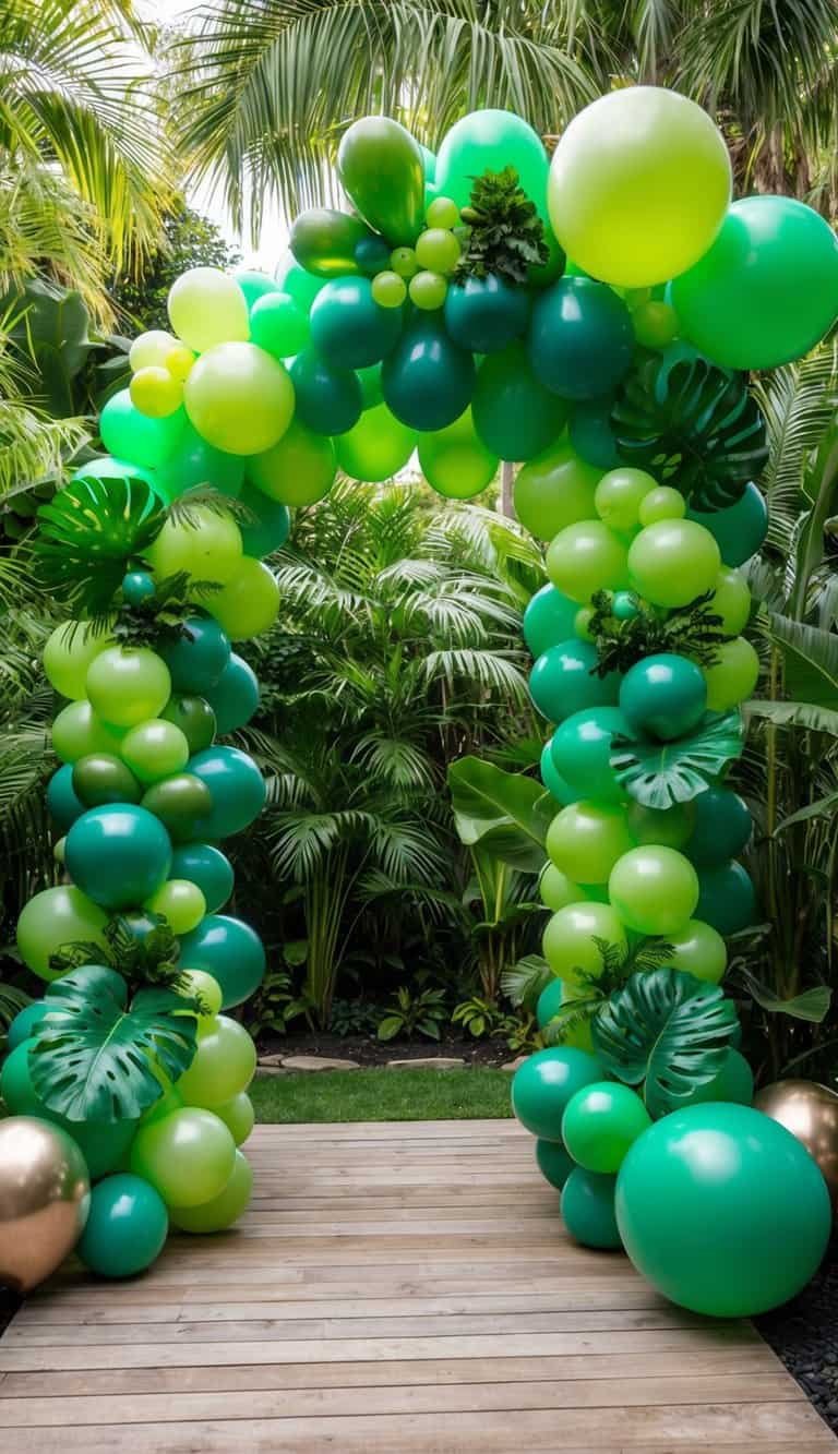 Balloon arch in lime, emerald, and teal tones with monstera leaves and jungle foliage, styled on a wooden deck.