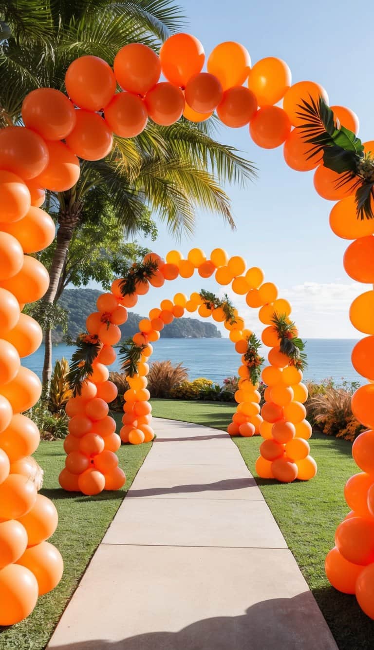 Series of orange balloon arches with tropical greenery lining a beachside path under palm trees and blue skies.