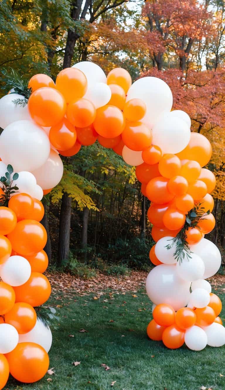 Two-toned orange and white balloon arch with greenery, set on grass with trees in peak autumn color.