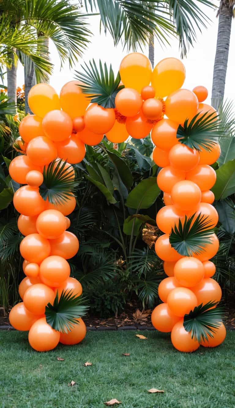 Orange balloon arch accented with tropical palm leaves set against lush greenery, perfect for a vibrant outdoor event.