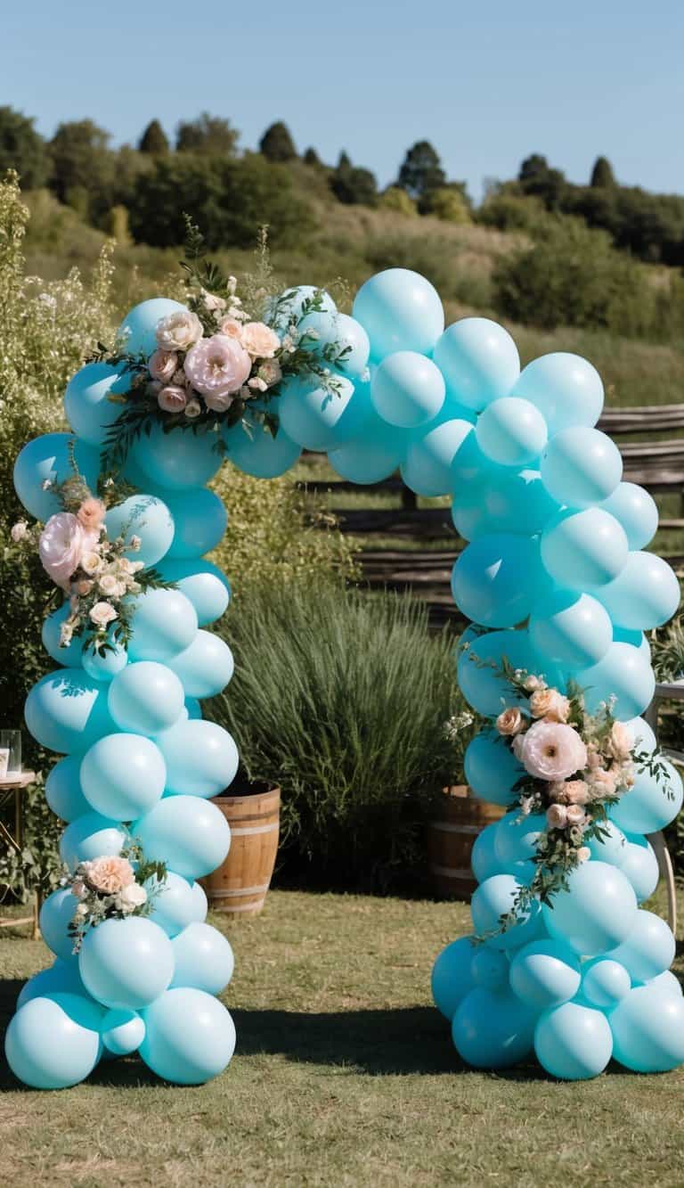An arch made of light blue balloons decorated with pink and white flowers stands outdoors on grass, with greenery and wooden barrels in the background.