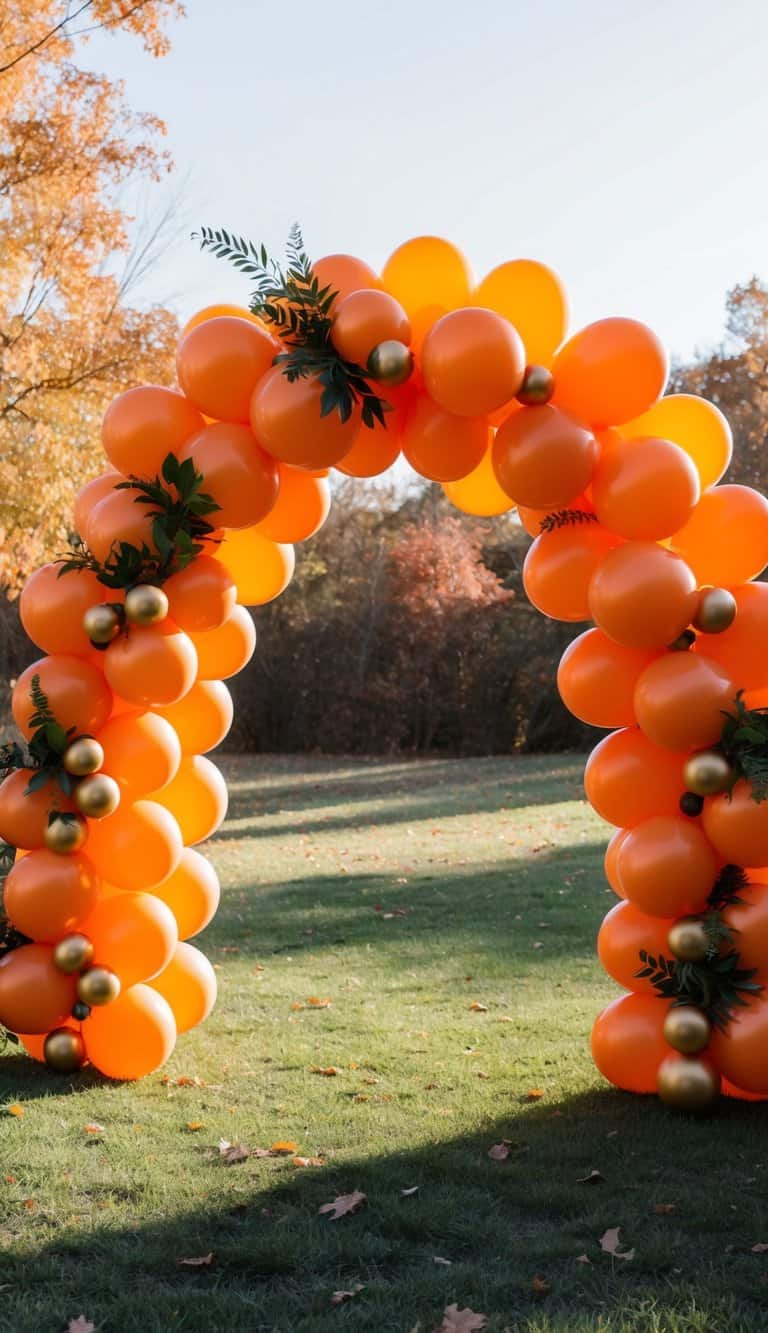Bright orange balloon arch with gold accent balloons and foliage, styled outdoors during fall with colorful trees in background.
