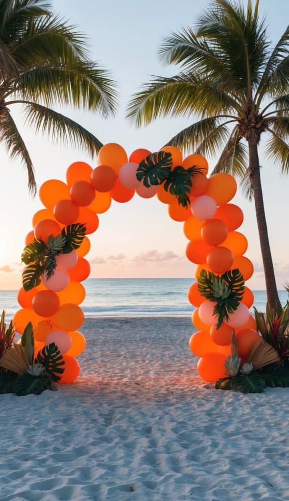 An arch made of orange and white balloons decorated with tropical leaves stands on a sandy beach between two palm trees at sunrise or sunset.