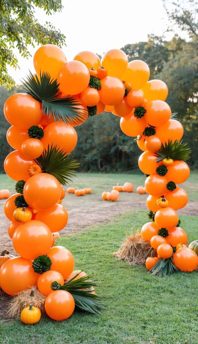 Orange balloon arch decorated with pumpkins, palm leaves, succulents, and hay on a grassy autumn field.