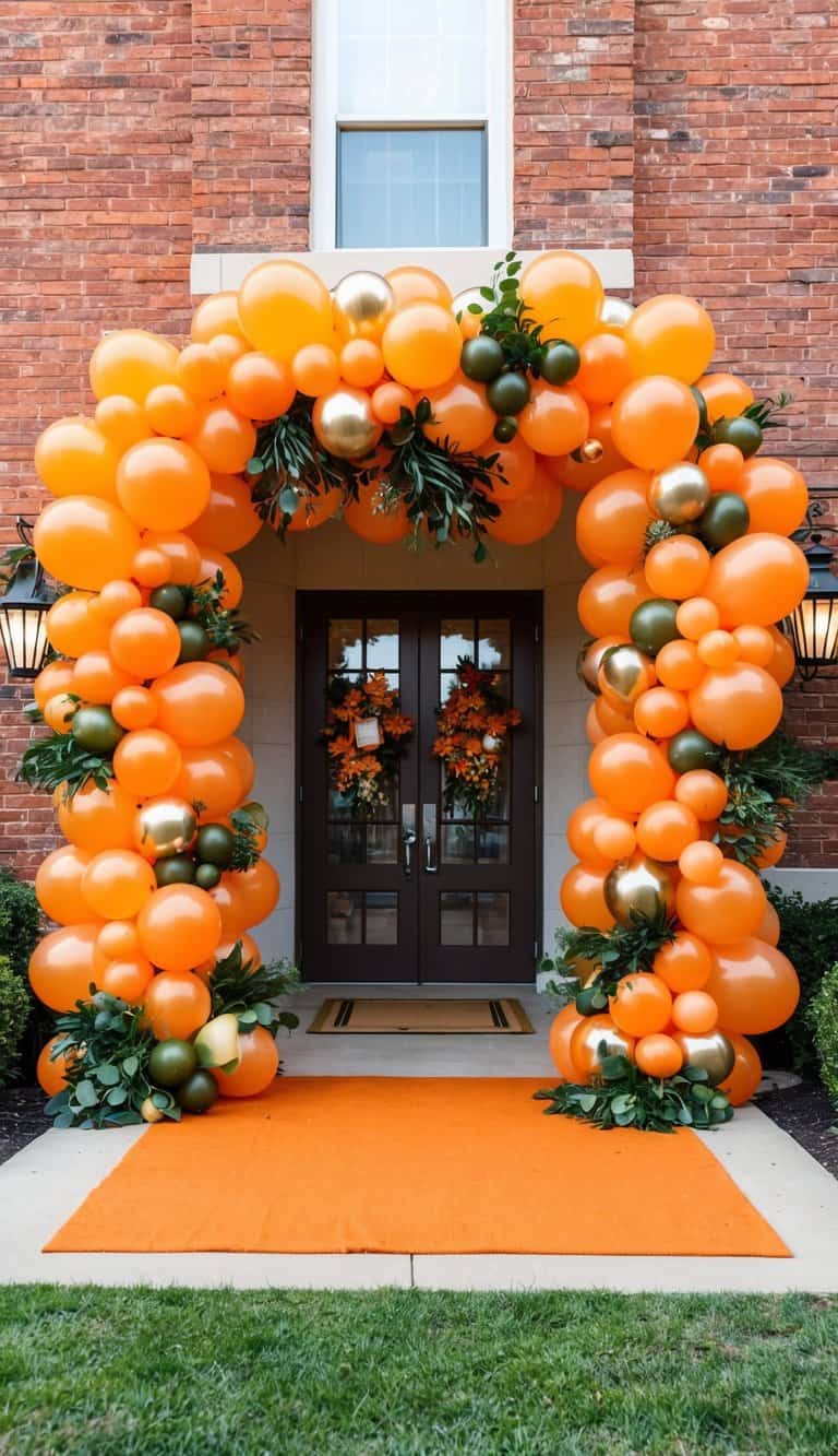 Balloon arch in orange, olive green, and gold with foliage, set over an orange mat at the entrance of a brick home.