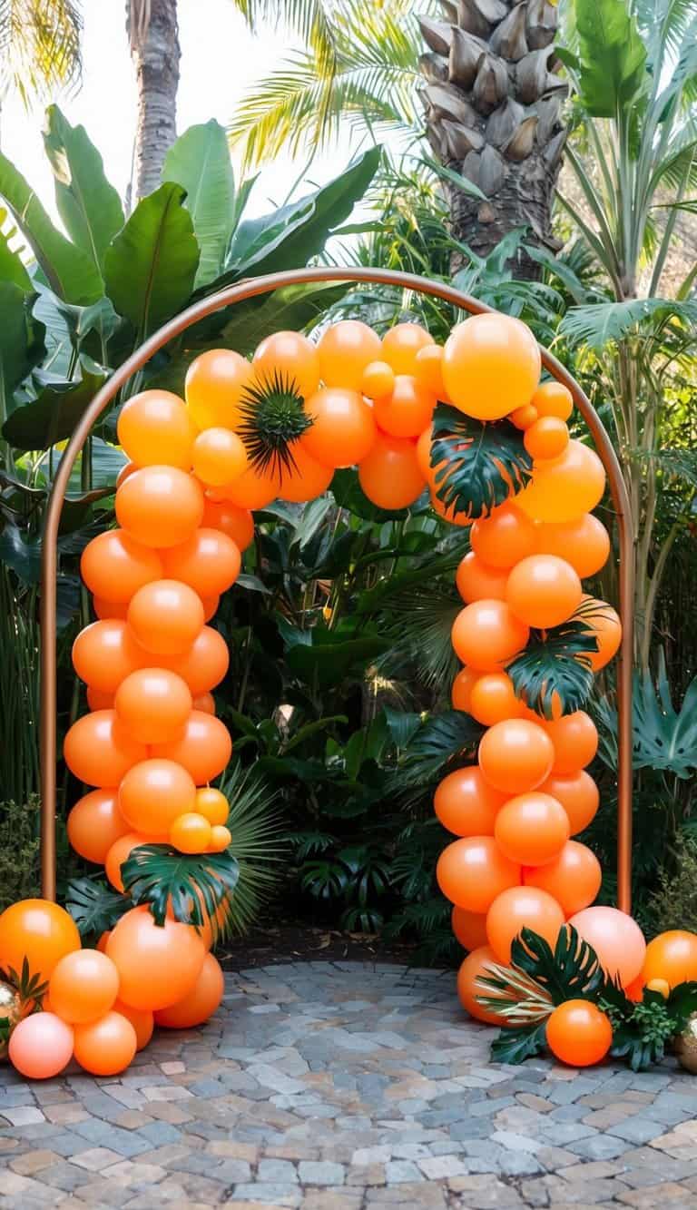 Orange and peach balloon arch with jungle leaves on a gold metal frame, surrounded by tropical plants and cobblestone.