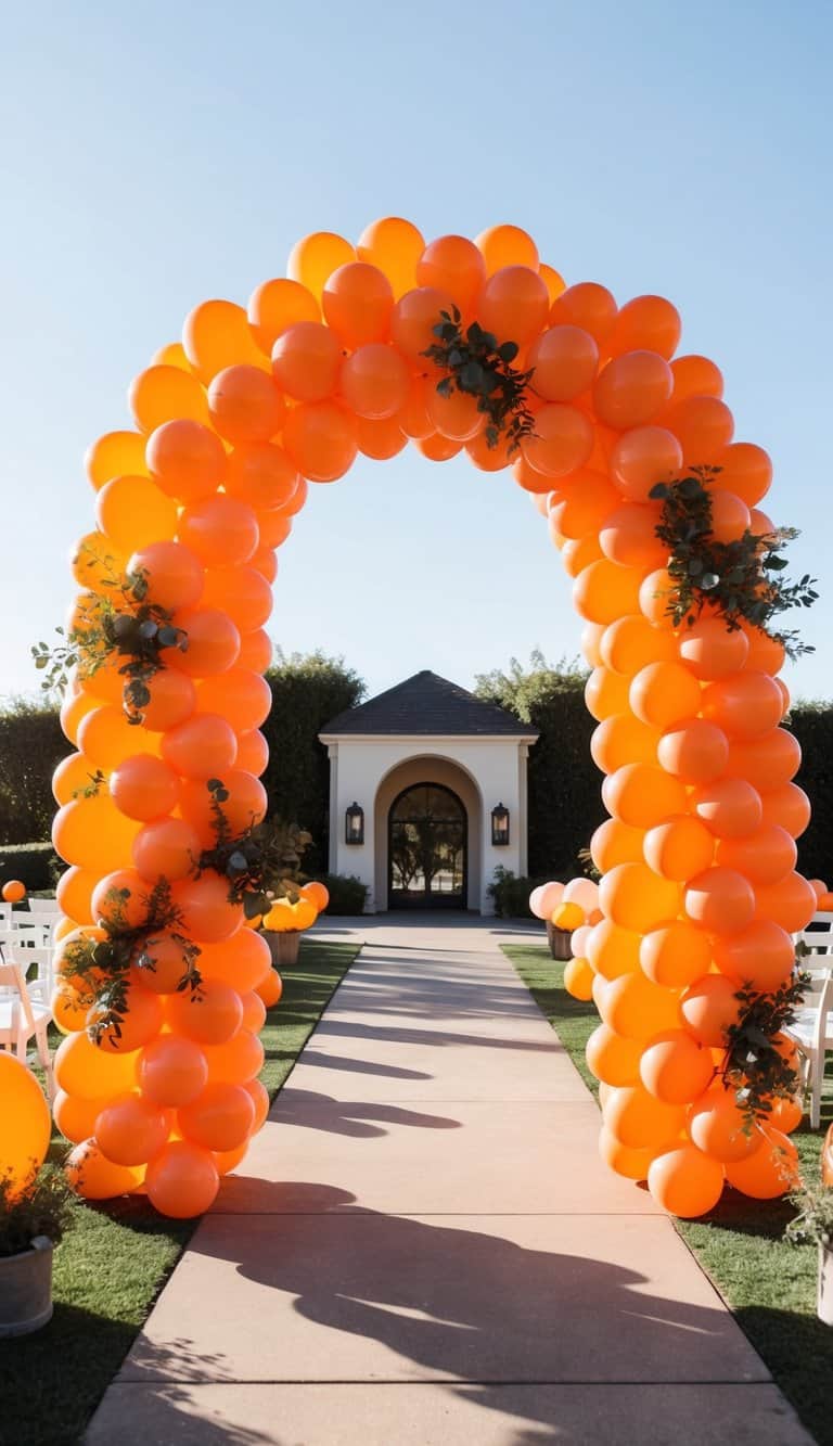 Bright orange balloon arch with greenery, placed at the start of a wedding path under a clear blue sky.