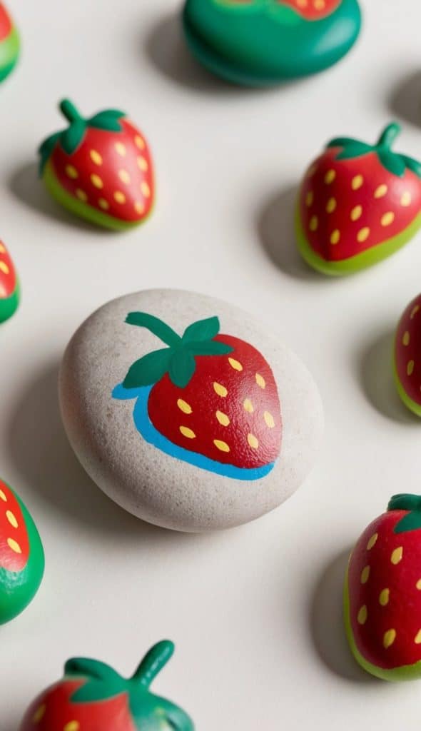 Painted stones resembling strawberries are scattered on a white surface. Among them, one gray stone is distinctively painted with a red strawberry design.