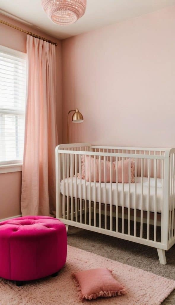 A cozy nursery with pastel pink walls features a white crib with a pink pillow. A gold floor lamp stands nearby. The window has pink curtains. A bright pink round ottoman and a small pink pillow are on the carpeted floor. A pink ceiling light is above.