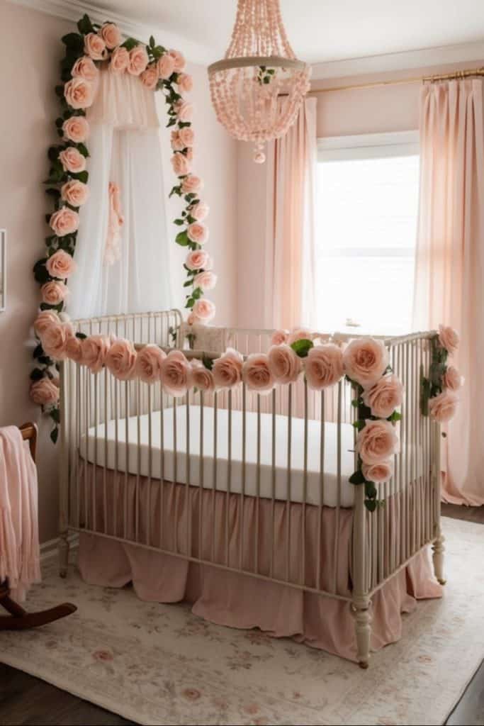 A nursery with a crib adorned with pink roses. Pink drapes hang on both sides of a window, and a pink floral carpet covers the floor. A pink chandelier hangs from the ceiling, and the room is decorated in a soft pink theme.
