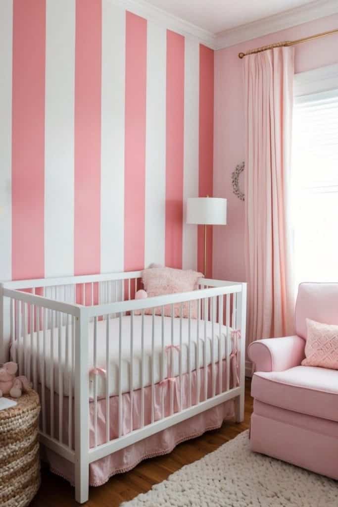 A cozy nursery with a white crib and pink bedding against a pink and white striped wall. A soft pink armchair is beside it, a lamp stands nearby, and a woven basket sits on a fluffy white rug. Pink curtains frame the window.