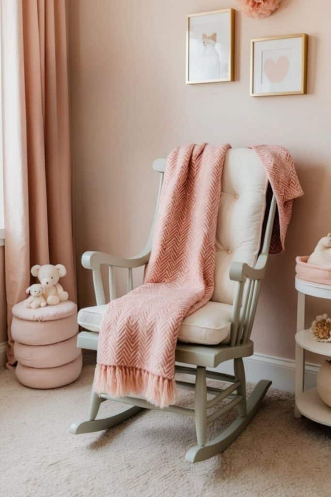 A cozy nursery corner features a gray rocking chair with a white cushion and a pink textured blanket draped over it. Nearby are stacked pink cushions with a teddy bear, and the walls are decorated with framed art of a cat and a heart.