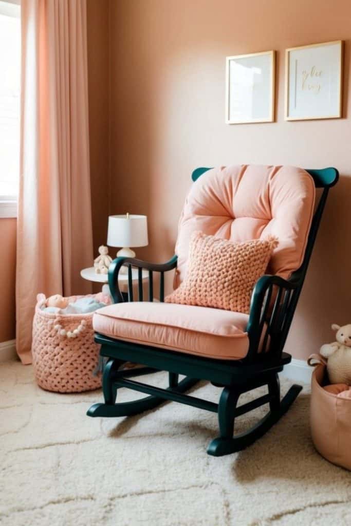 A cozy nursery corner with a dark green rocking chair featuring soft, pink cushions and a knitted pillow. There's a small side table with a lamp, a pink basket, plush toys, and pink curtains against an earthy-toned wall. Two framed prints hang above.
