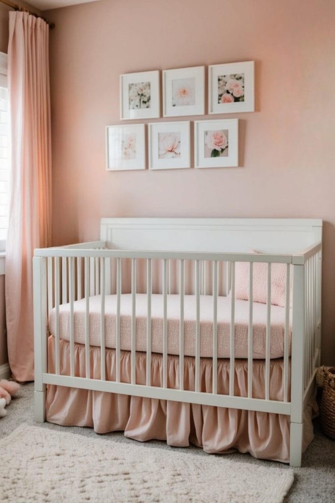 A cozy nursery features a white crib with a pink mattress and skirt. The wall is painted in peach and decorated with six framed floral pictures. Pink curtains hang by a window, and a soft cream rug covers the floor.