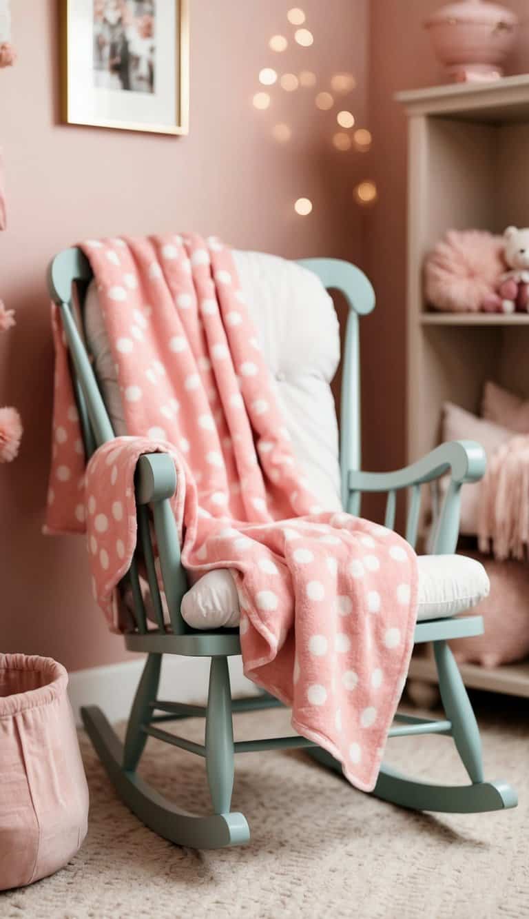 A cozy nursery with a pink polka dot blanket draped over a rocking chair, surrounded by soft blush-toned decor