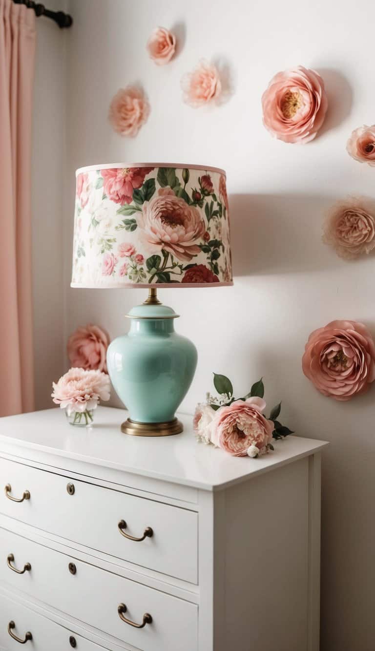 A vintage floral lampshade sits atop a white dresser in a softly lit nursery, surrounded by blush pink accents and delicate floral decor