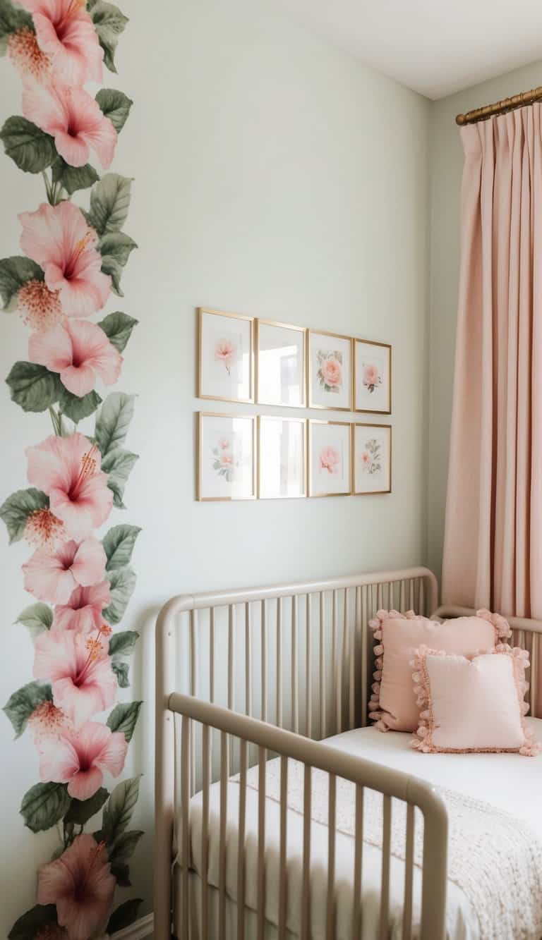 A serene nursery with a hibiscus wall border, featuring soft blush tones and delicate pink accents