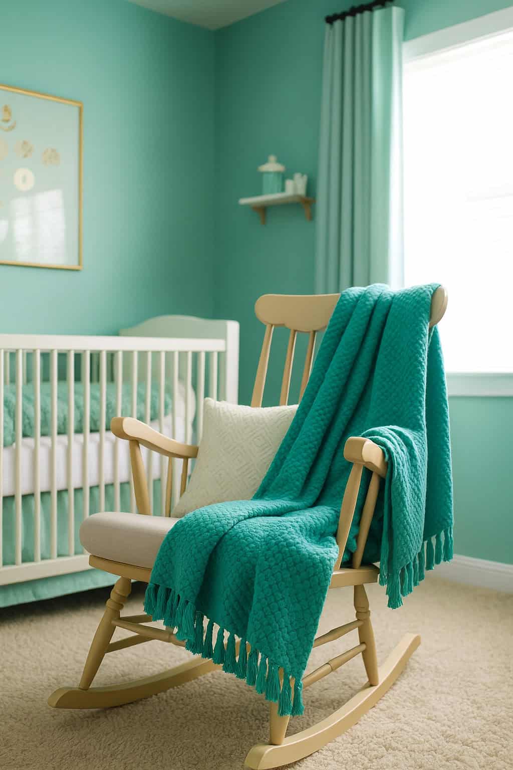 A wooden rocking chair with a teal blanket draped over it sits in a mint green nursery with a crib and soft natural light from a window.