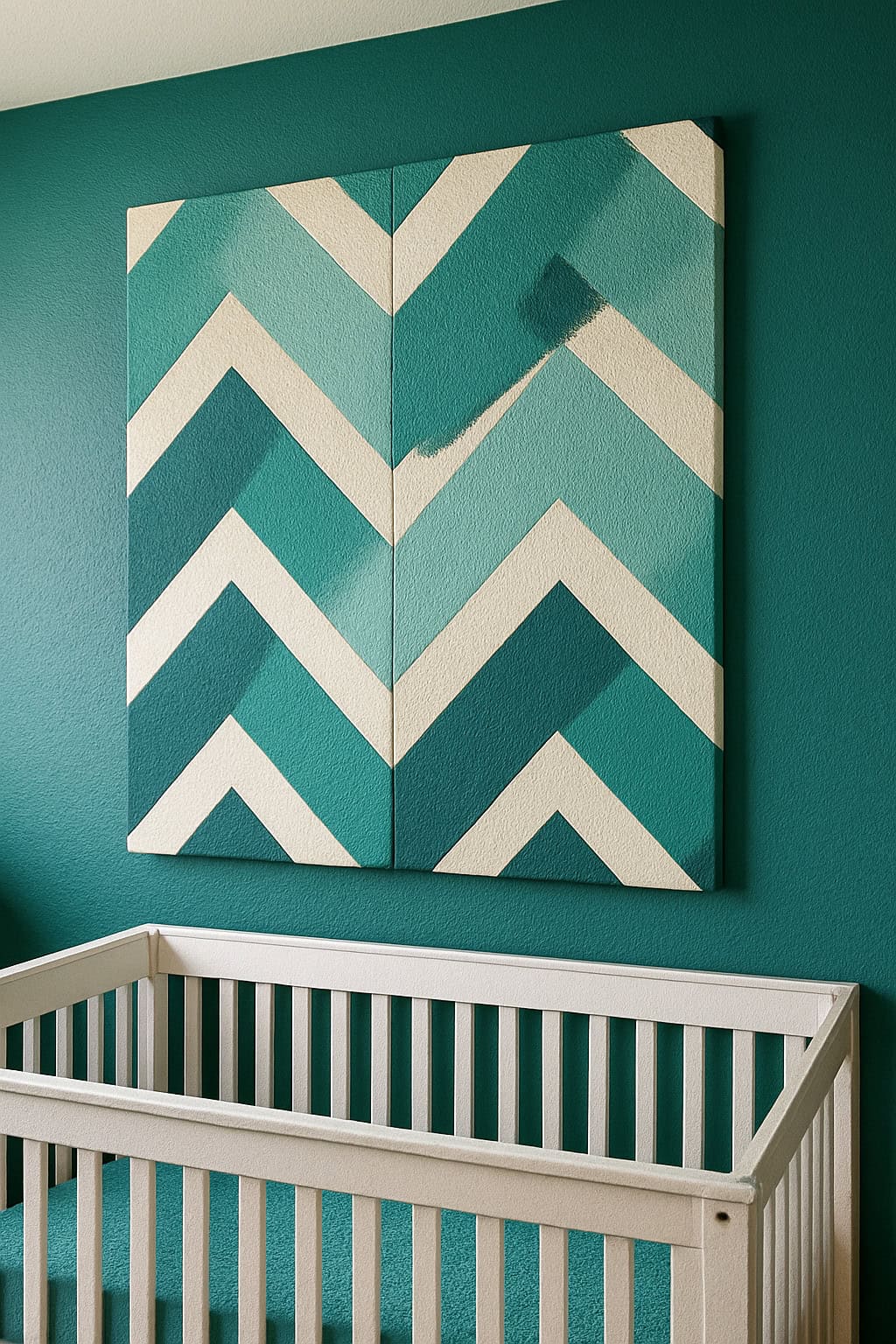 A white crib sits against a teal wall, beneath a geometric canvas artwork featuring teal and cream zigzag patterns.
